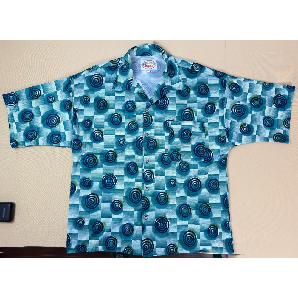 Steelhead Men's Short Sleeve Button Down Shirt Geometric Fish Trout Print L Blue